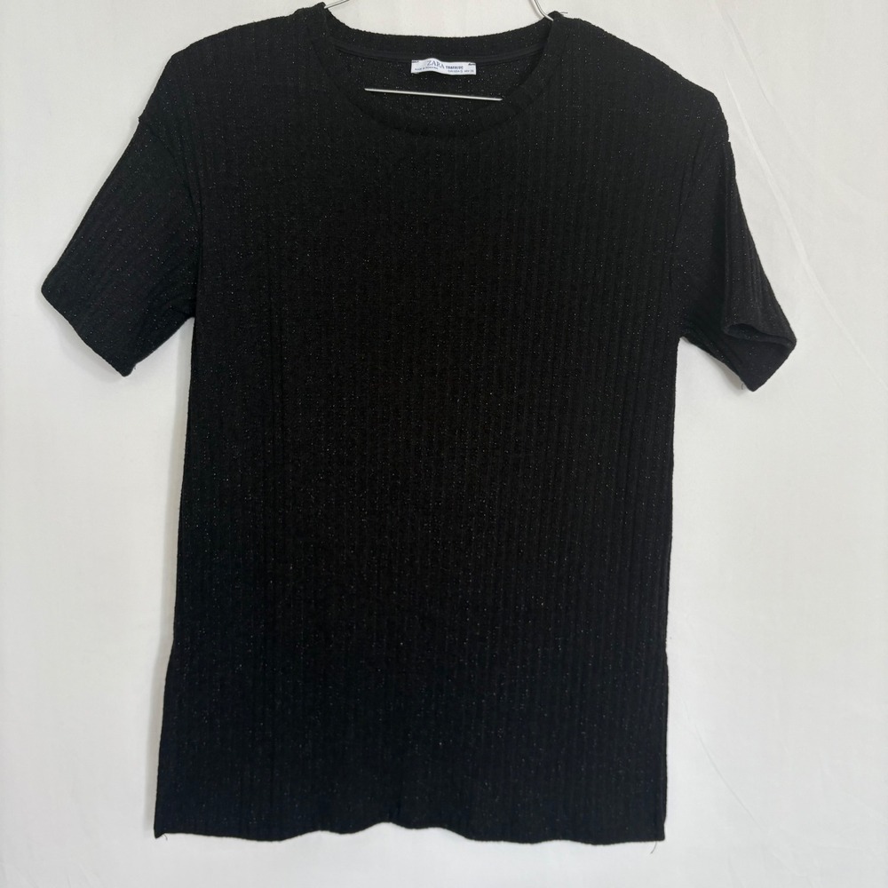 Zara Trafaluc Sparkle Knit Top Black Short Sleeve Ribbed Sweater‎ Side Slits S
